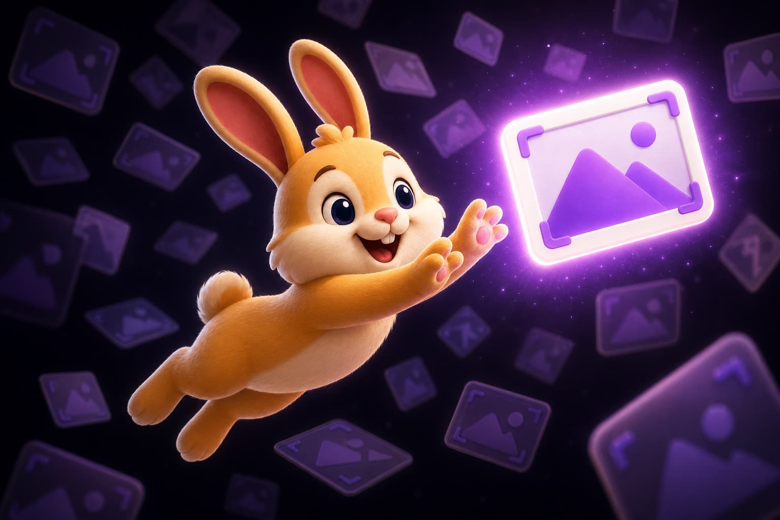 The Bunny Screenshot mascot leaping to fetch one glowing screenshot from a cloud of faded ones