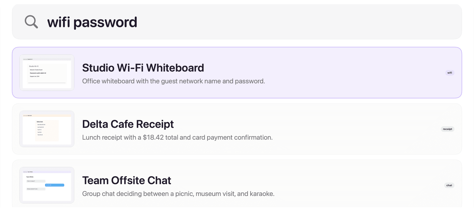 Searching “wifi password” instantly surfaces the whiteboard screenshot that has it